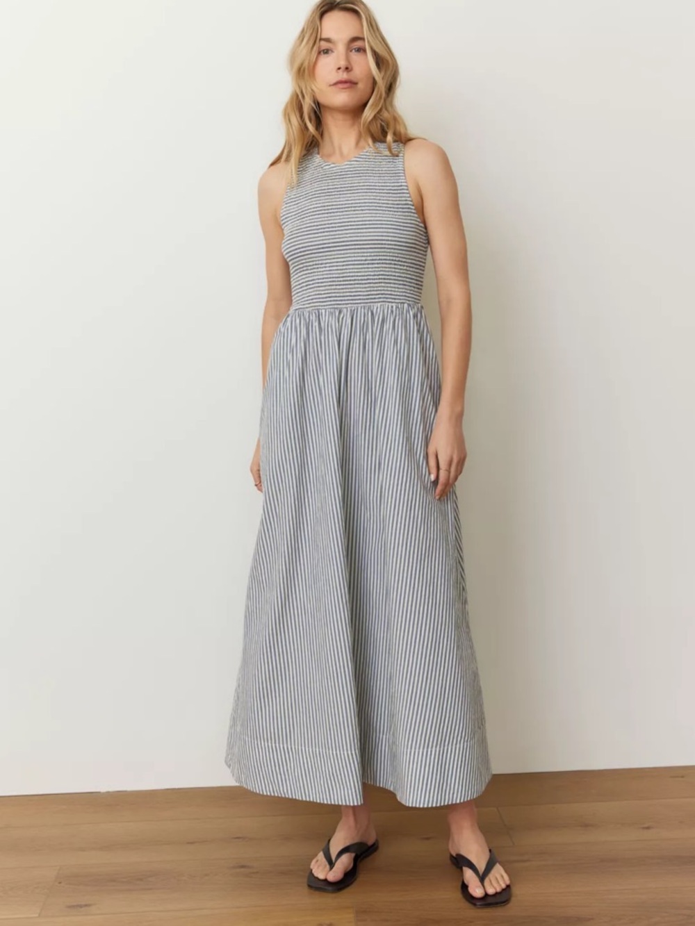 Marine Layer Women's Darcy Poplin Smocked Dress Green & White XL